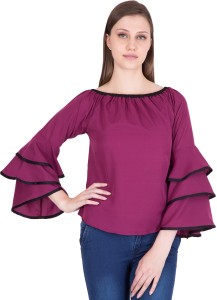 Khhalisi Casual Bell Sleeve Solid Women Purple Top