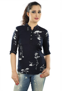Mosho Casual 3/4th Sleeve Floral Print Women Dark Blue Top