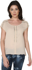 Bedazzle Casual Cap Sleeve Embellished Women Beige Top