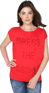 Bedazzle Casual Cap Sleeve Embellished Women Red Top