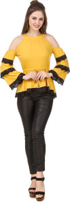 Texco Party Bell Sleeve Solid Women Yellow Top