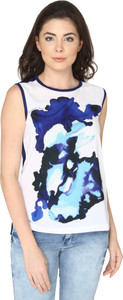 Bedazzle Casual Sleeveless Printed Women Blue Top