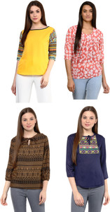 Mayra Party 3/4th Sleeve Printed, Floral Print, Geometric Print, Solid Women Multicolor Top