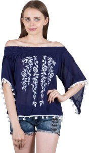 Papsara Casual 3/4th Sleeve Embroidered Women Blue Top