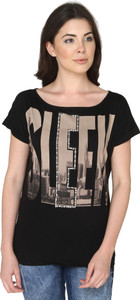 Bedazzle Casual Cap Sleeve Printed Women Black Top