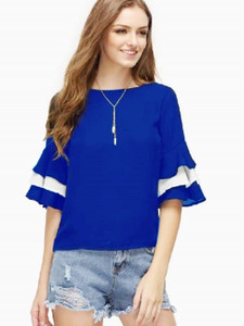 Shivabhi's Casual Bell Sleeve Solid Women Blue Top