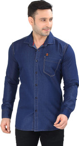 Meraki Men Solid Casual Denim Dark Blue Shirt