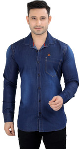 Meraki Men Solid Casual Denim Dark Blue Shirt