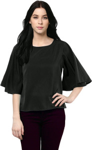 ZOYS Casual Bell Sleeve Solid Women Black Top