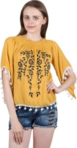 Papsara Casual 3/4th Sleeve Embroidered Women Yellow Top