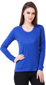 99 Affair Solid Women Round Neck Blue T-Shirt