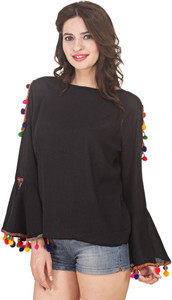 Jolliy Casual Full Sleeve Embroidered Women Black Top