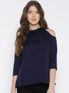 u&f casual 3/4 sleeve solid women dark blue top