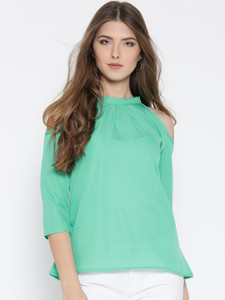 u&f casual cold shoulder solid women light green top