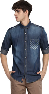 STRAWLOUS Men Solid Casual Denim Blue Shirt
