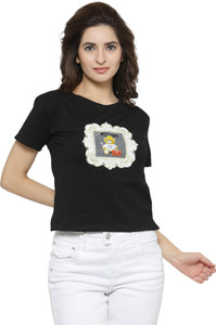 camey Casual Half Sleeve Printed Women Black Top