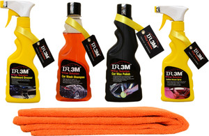 DR3M small combo kit- wax polish 250ml_Leather Dresser 250ml_Car wash Shampoo 250ml._Dashboard Dresser 250ml._1pc (Orange) Microfiber Cloth. Car Washing Liquid