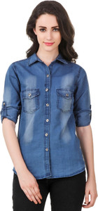 clo clu Women Solid Casual Denim Dark Blue Shirt