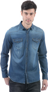 Flying Machine Men Solid Casual Dark Blue Shirt