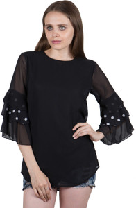 G & M Collections Casual 3/4th Sleeve Solid Women's Black Top