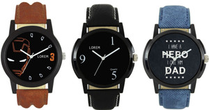 Om Designer Lorem Analogue Black Dial Men's & Boy's Watch Leather Strap Combo Pack of 3 Analog Watch - For Men