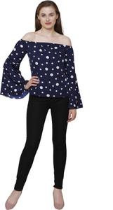 Kalava Casual Bell Sleeve Polka Print Women Blue Top