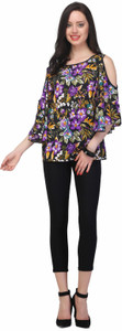JHA FASHION Casual Butterfly Sleeve Floral Print Women's Black Top