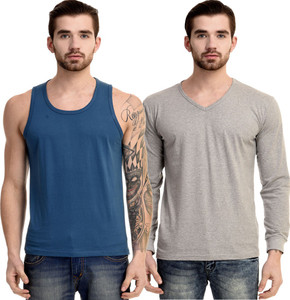 Mi Moda Solid Men Round Neck, V-neck Blue, Grey T-Shirt