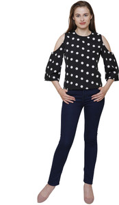 Kalava Casual 3/4th Sleeve Polka Print Women Black Top