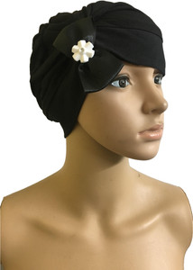 GIRIJA Solid BLACK CHEMO CAPS BOW HEADCOVER FLOWER SLEEP CAPS WOMENS CANCER HEADWEAR Cap