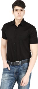 BASE 41 Men's Solid Casual Linen Black Shirt