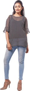 Swanvi Casual Half Sleeve Printed Women Black, White Top
