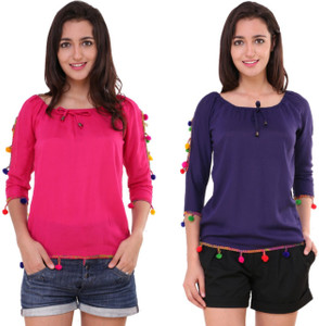 BuyNewTrend Casual 3/4th Sleeve Solid Women Multicolor Top