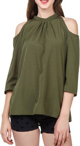 Pour Femme Casual 3/4th Sleeve Solid Women Green Top