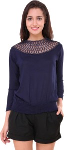 BuyNewTrend Casual 3/4th Sleeve Solid Women's Dark Blue Top