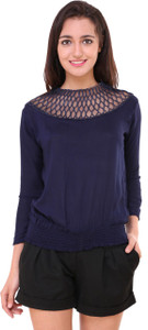 BuyNewTrend Casual 3/4th Sleeve Solid Women's Dark Blue Top