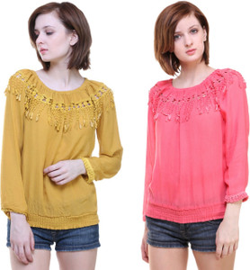BuyNewTrend Casual 3/4th Sleeve Solid Women Multicolor Top