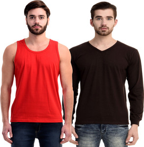 Mi Moda Solid Men Round Neck, V-neck Red, Brown T-Shirt