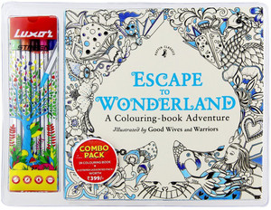 Luxor Escape to Wonderland Colouring Book & 10 Stripen Fine - 0.4MM Nib Sketch Pens with Washable Ink