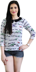 CrazeVilla Casual 3/4th Sleeve Printed Women White, Black Top