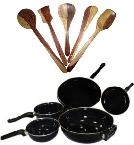 Blooming India Blooming India Cookware Set of 5 Aluminium Non Stick With 5 Wooden Karchhi Cookware Set