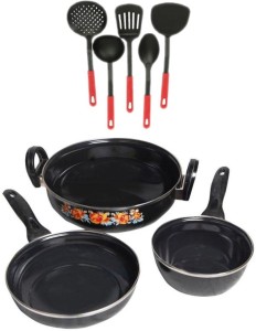 Blooming India Blooming India Cookware Set of 3 Black With 5 Karchhi Of ( Multi Colour) Cookware Set