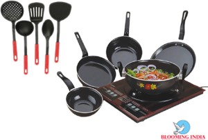 Blooming India Blooming India Cookware Set of 5 Aluminium Black With 5 Multi Colour Karchhi Cookware Set