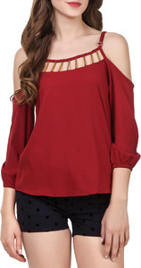 Pour Femme Casual 3/4th Sleeve Solid Women Maroon Top