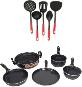 Blooming India Blooming India Cookware Set of 5 Aluminium Black With 5 Multi Colour Karchhi Cookware Set