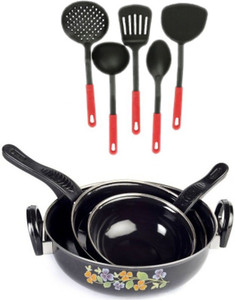 Blooming India Blooming India Cookware Set of 3 Black With 5 Karchhi Of ( Multi Colour) Cookware Set