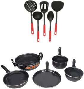 Blooming India Blooming India Cookware Set of 5 Non Stick Black With 5 Multi Colour Karchhi Cookware Set