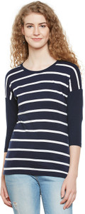 Hypernation Striped Women Round Neck Blue, White T-Shirt