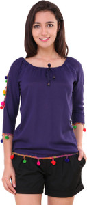BuyNewTrend Casual 3/4th Sleeve Embroidered Women's Dark Blue Top
