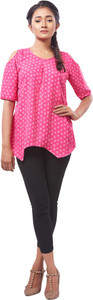 Swanvi Casual Half Sleeve Printed Women Pink, White Top